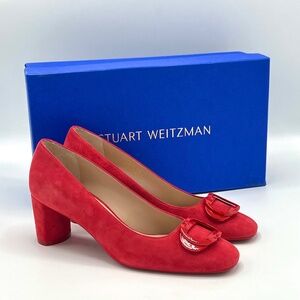 Stuart Weitzman Anicia 60 Red Suede Block Heel Pumps, Size 6.5 w/ Box & Dust Bag